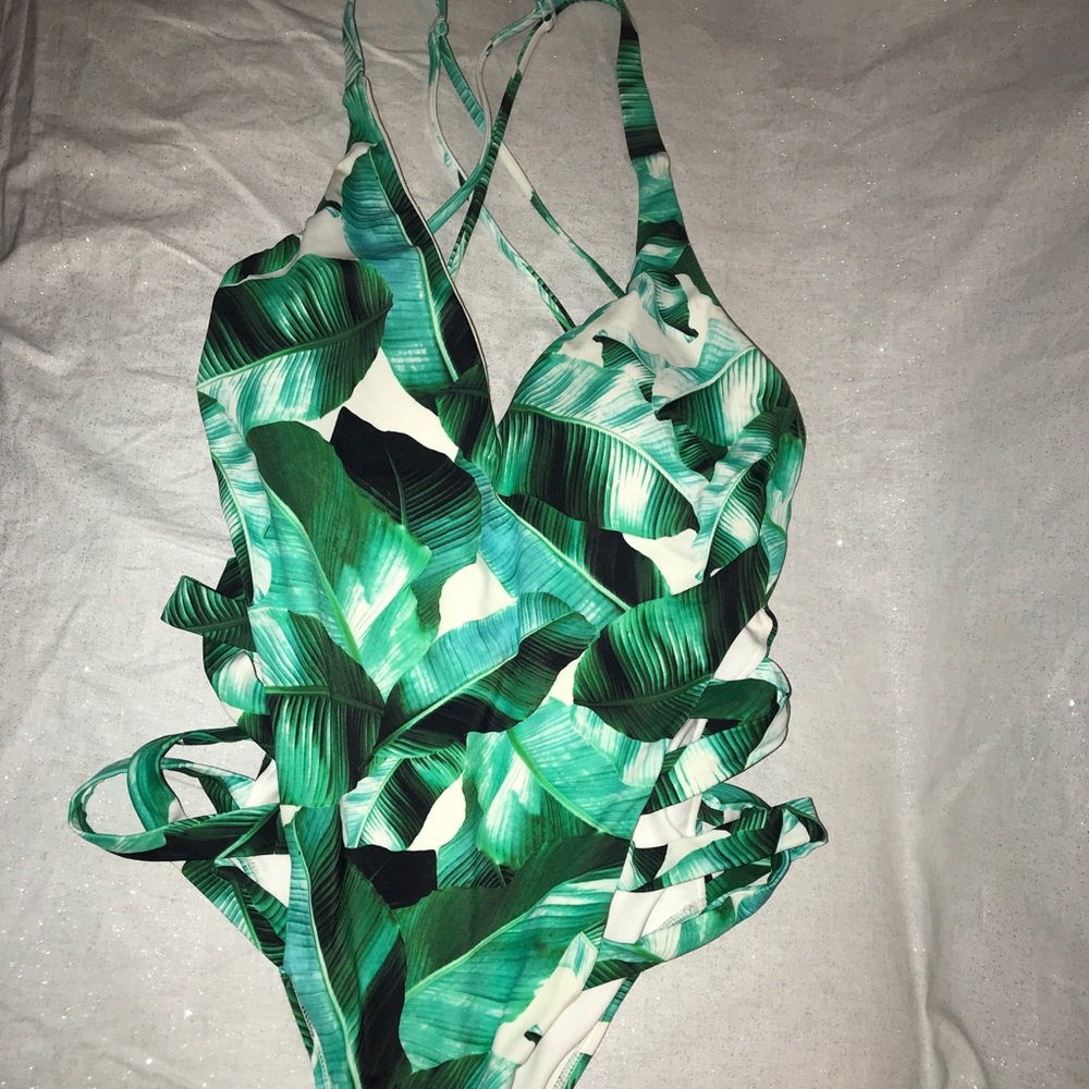 Tropical strappy leaf one piece